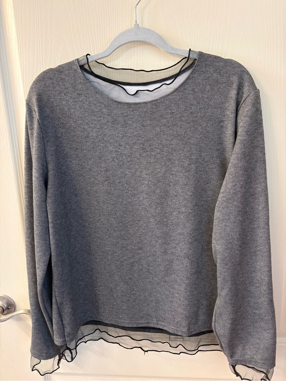 Grey Crewneck Sweatshirt with Sheer Trim